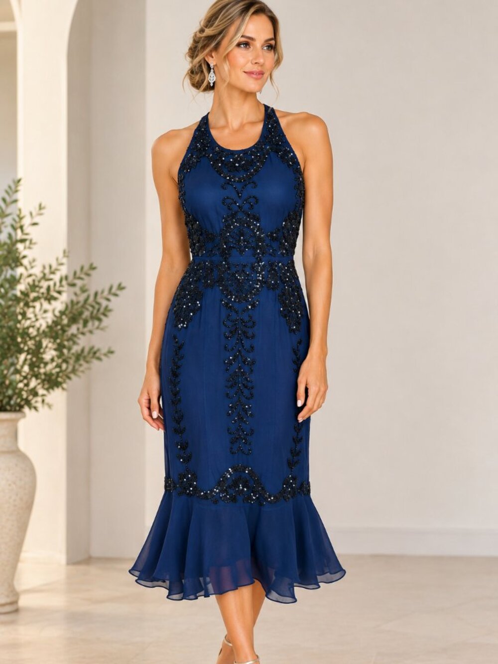 Lotus Threads NY New Halter Dress Navy Blue Black Beaded Sequin Midi Cocktail